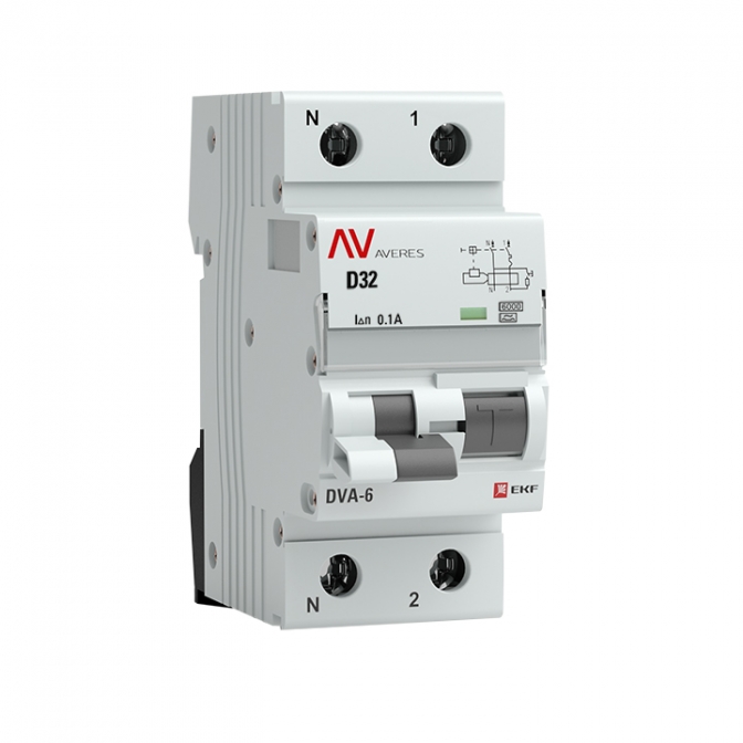 DVA-6 1P+N 32А (D) 100мА (A) 6кА EKF AVERES дифференциальный автомат, арт. rcbo6-1pn-32D-100-a-av