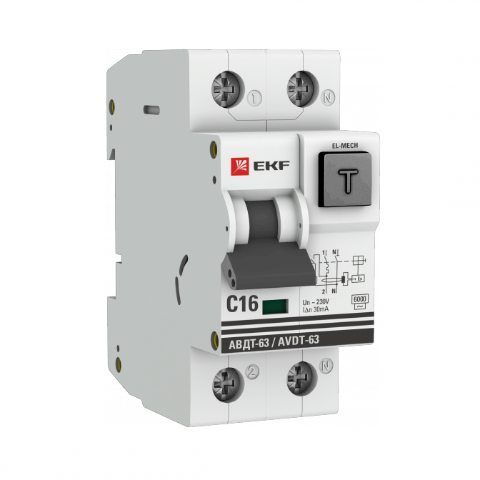 Дифференциальный автомат АВДТ-63 16А/30мА (характеристика C, эл-мех, тип АС) 6кА EKF PROxima - фото1