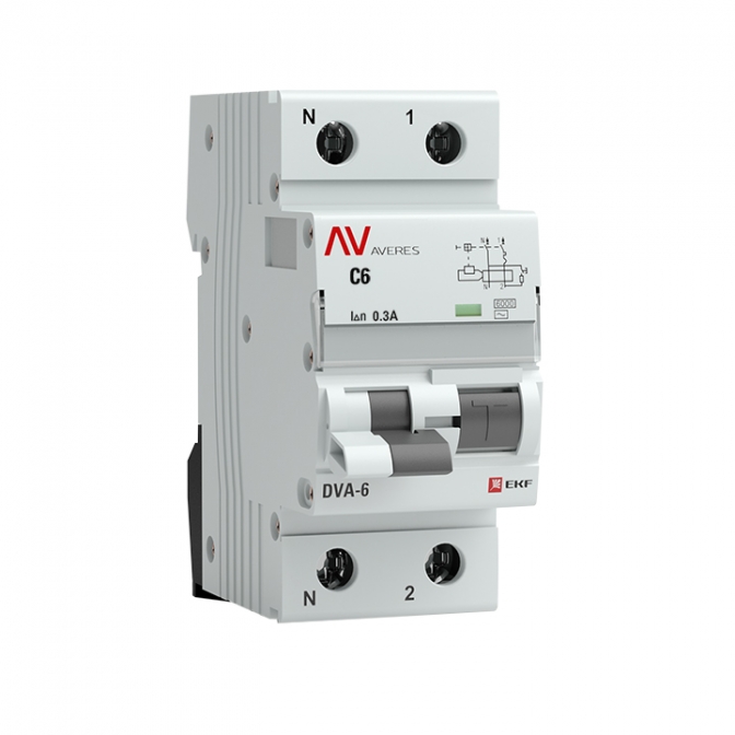DVA-6 1P+N 6А (C) 300мА (AC) 6кА EKF AVERES дифференциальный автомат, арт. rcbo6-1pn-6C-300-ac-av - фото1