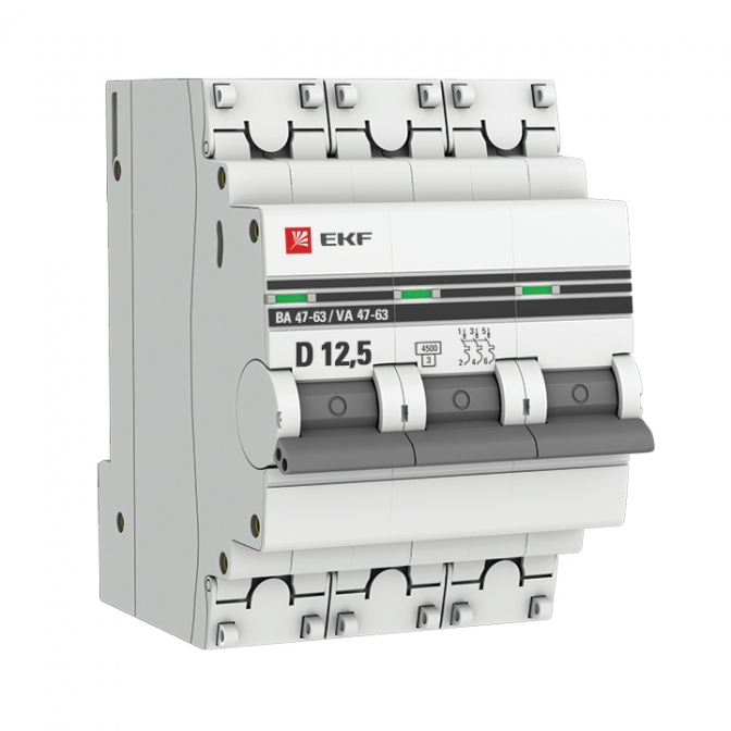 ВА 47-63 3P 12,5А (D) 4,5kA EKF PROxima автоматический выключатель, арт. mcb4763-3-12.5D-pro - фото1