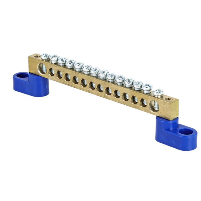 Шина "0" N (6х9мм) 14 отверстий латунь 2 синих угловых изолятора EKF PROxima - фото1