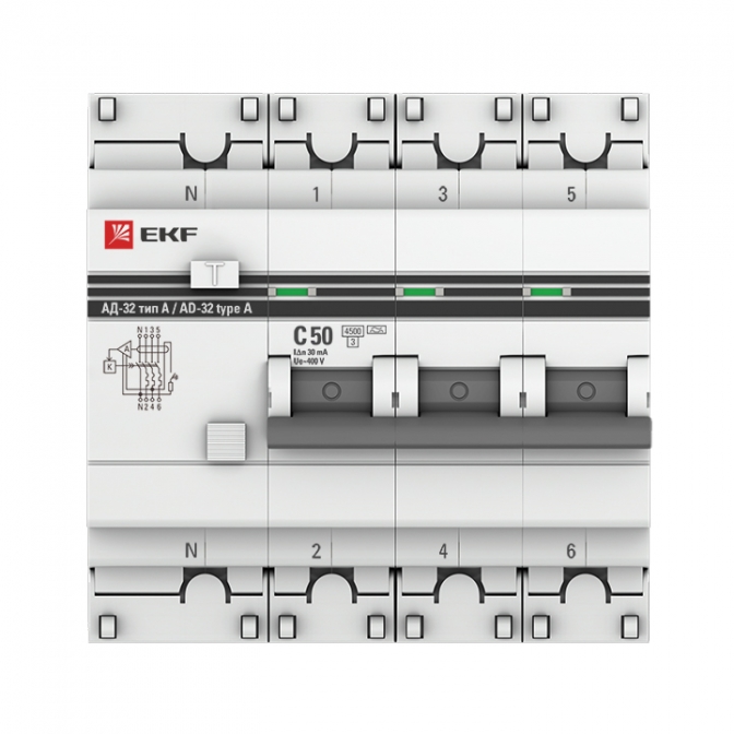 Дифференциальный автомат АД-32 3P+N 50А/30мА (тип А) EKF PROxima - фото2