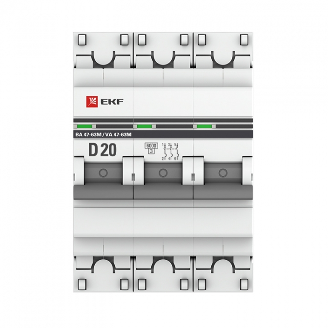 ВА 47-63M 3P 20А (D) 6кА EKF PROxima автоматический выключатель, арт. mcb4763m-6-3-20D-pro - фото4