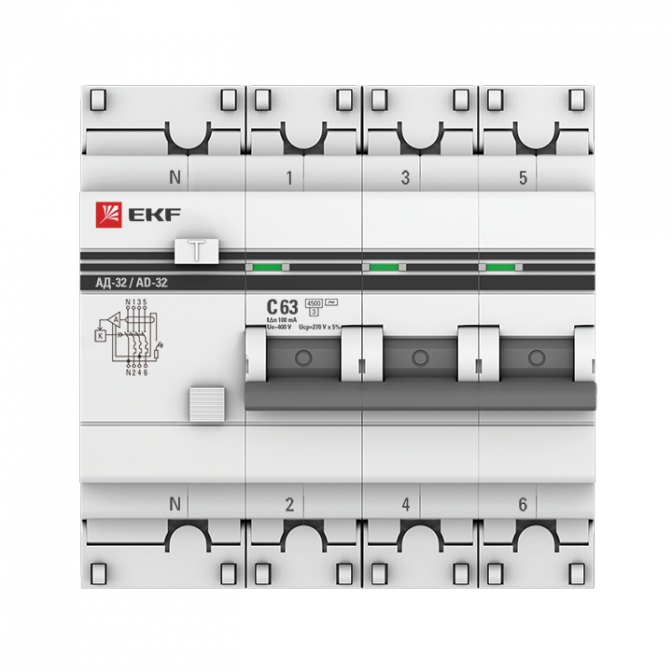 Дифференциальный автомат АД-32 3P+N 63А/100мА (хар. C, AC, электронный, защита 270В) 4,5кА EKF PROxima - фото2