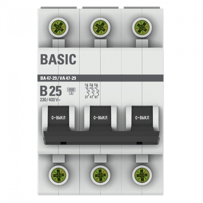 ВА 47-29 3P 25А (B) 4,5кА Basic автоматический выключатель, арт. mcb4729-3-25-B - фото2