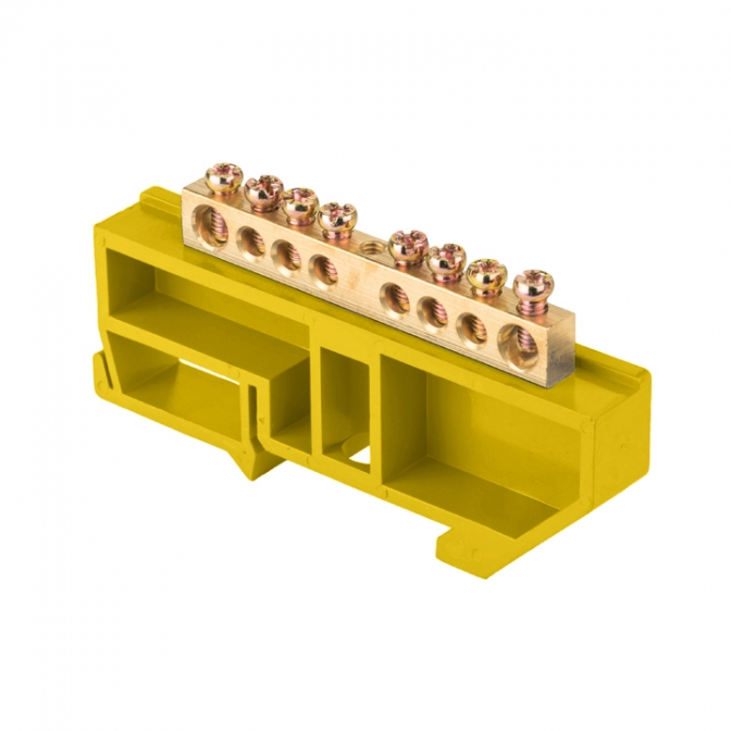 Шина "0" N (6х9мм) 8 отверстий латунь желтый изолятор на DIN-рейку розничный стикер EKF PROxima - фото1