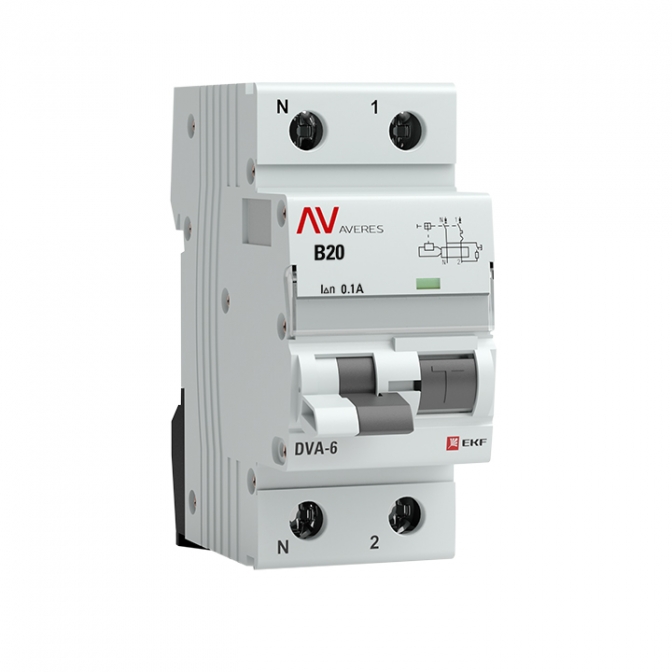 DVA-6 1P+N 20А (B) 100мА (AC) 6кА EKF AVERES дифференциальный автомат, арт. rcbo6-1pn-20B-100-ac-av - фото1