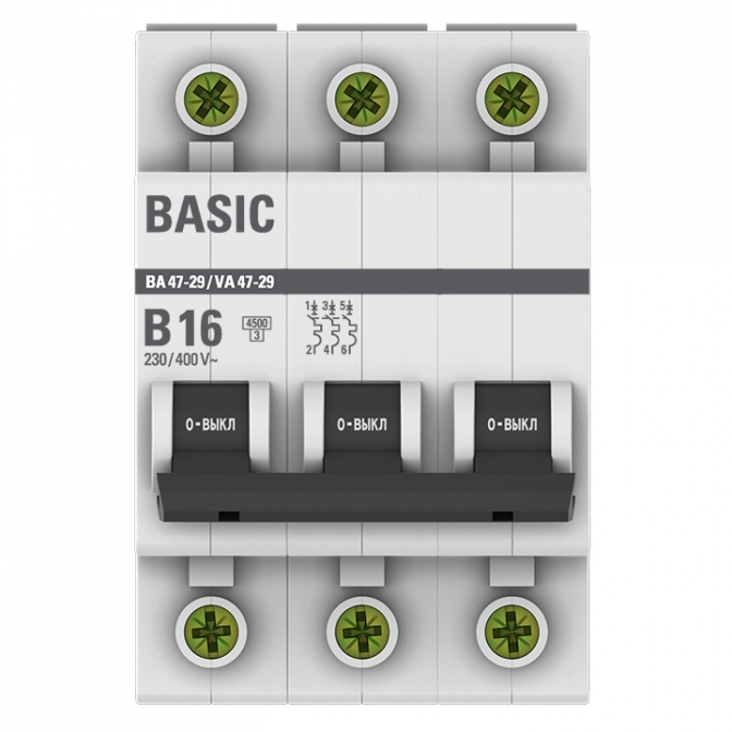 ВА 47-29 3P 16А (B) 4,5кА Basic автоматический выключатель, арт. mcb4729-3-16-B - фото2