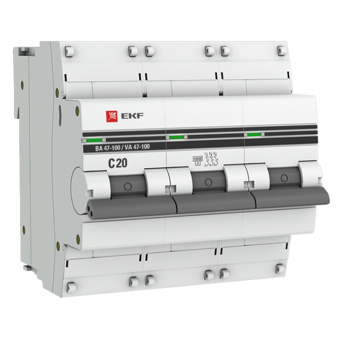 ВА 47-100 3P 20А (C) 10kA EKF PROxima автоматический выключатель, арт. mcb47100-3-20C-pro - фото1