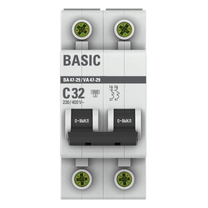 ВА 47-29 2P 32А (C) 4,5кА Basic автоматический выключатель, арт. mcb4729-2-32C - фото2