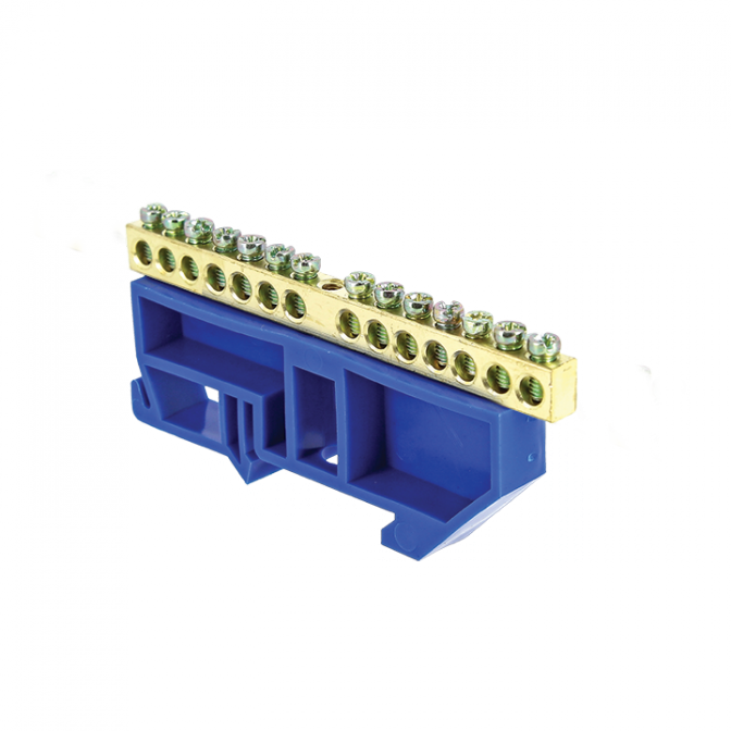 Шина "0" N (6х9мм) 14 отверстий латунь синий изолятор на DIN-рейку EKF PROxima - фото1
