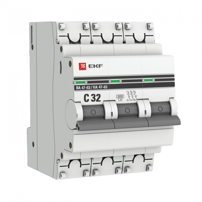 ВА 47-63 3P 32А (C) 6кА EKF PROxima автоматический выключатель, арт. mcb4763-6-3-32C-pro - фото1