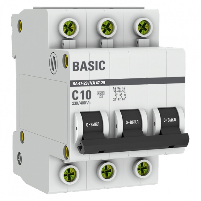 ВА 47-29 3P 10А (C) 4,5кА Basic автоматический выключатель, арт. mcb4729-3-10C - фото1