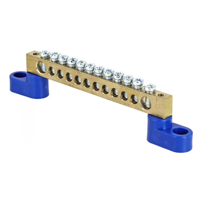 Шина "0" N (6х9мм) 12 отверстий латунь 2 синих угловых изолятора EKF PROxima - фото1