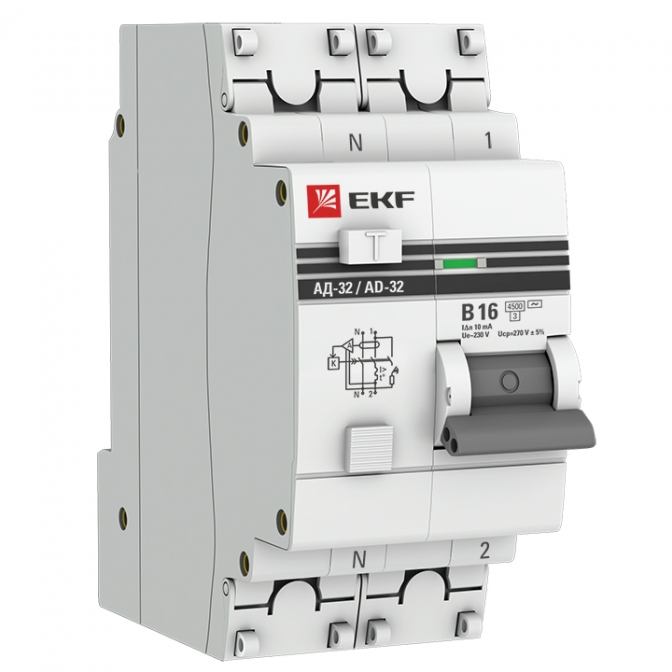 Дифференциальный автомат АД-32 1P+N 16А/10мА (хар. B, AC, электронный, защита 270В) 4,5кА EKF PROxima - фото1