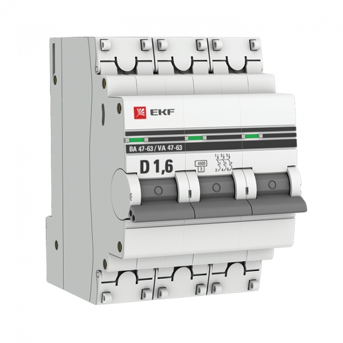 ВА 47-63 3P 1,6А (D) 4,5kA EKF PROxima автоматический выключатель, арт. mcb4763-3-1.6D-pro - фото1