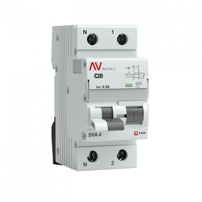 DVA-6 1P+N 20А (C) 300мА (AC) 6кА EKF AVERES дифференциальный автомат, арт. rcbo6-1pn-20C-300-ac-av - фото1