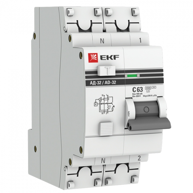 Дифференциальный автомат АД-32 1P+N 63А/100мА (хар. C, AC, электронный, защита 270В) 4,5кА EKF PROxima - фото1