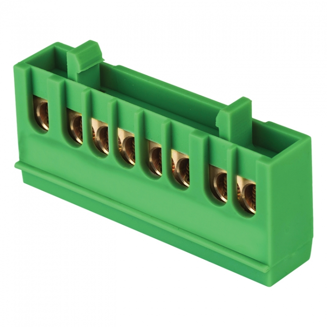 Шина "0" PE (6х9мм) 8 отверстий латунь зеленый изолированный корпус на DIN-рейку розничный стикер EKF PROxima - фото1