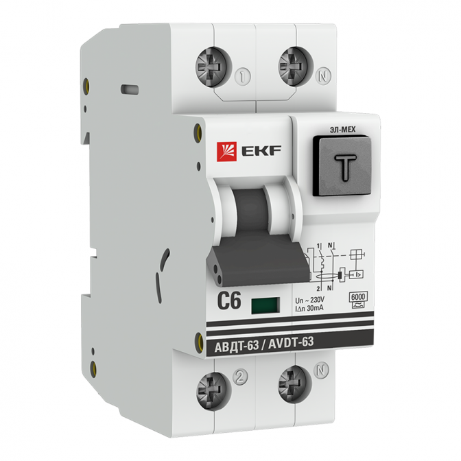 Дифференциальный автомат АВДТ-63 6А/30мА (характеристика C, эл-мех, тип А) 6кА EKF PROxima - фото1