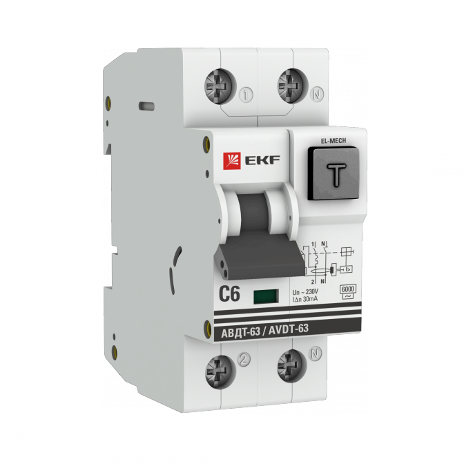 Дифференциальный автомат АВДТ-63 6А/30мА (характеристика C, эл-мех, тип АС) 6кА EKF PROxima - фото1