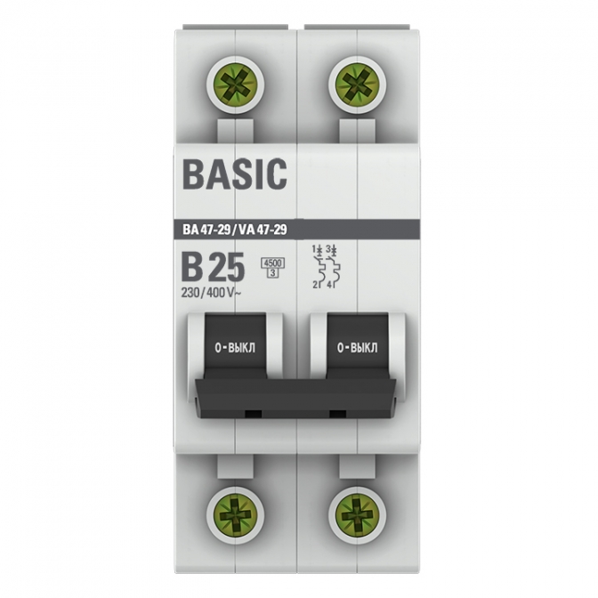 ВА 47-29 2P 25А (B) 4,5кА Basic автоматический выключатель, арт. mcb4729-2-25-B - фото2
