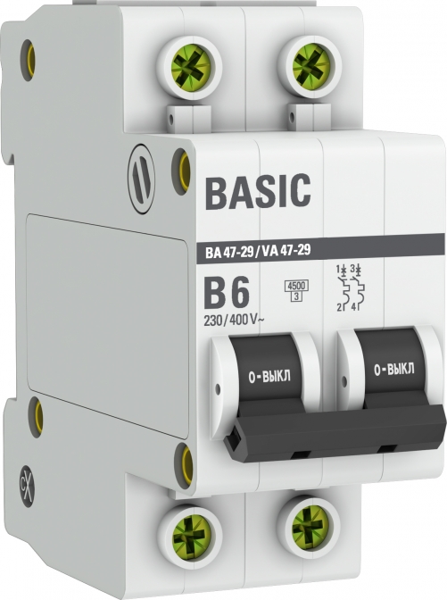 ВА 47-29 2P 6А (B) 4,5кА Basic автоматический выключатель, арт. mcb4729-2-06-B - фото1