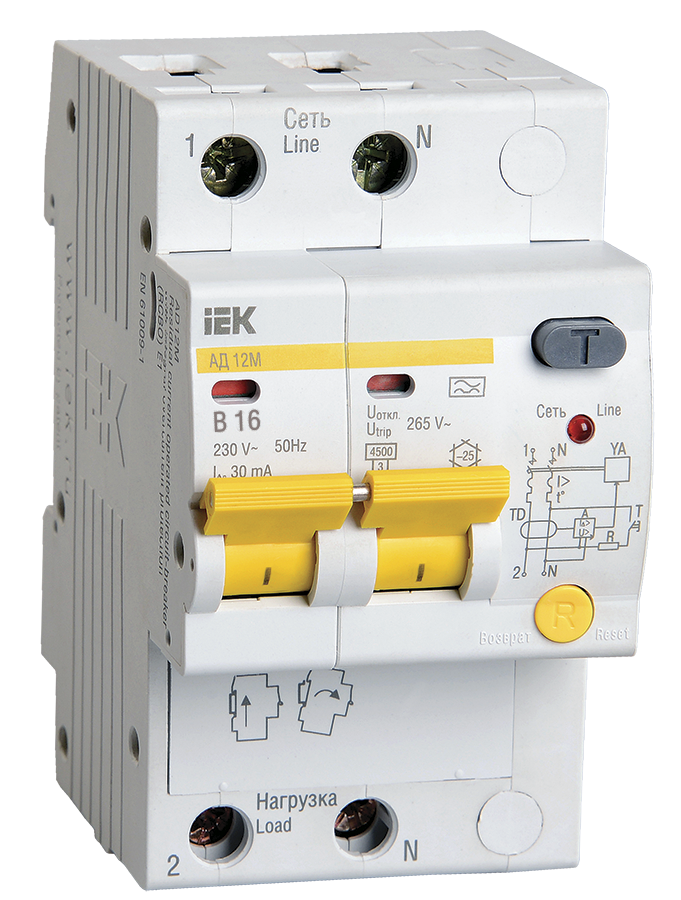 Дифференциальный автоматический выключатель АД12М 2Р B16 30мА IEK - фото1