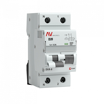 DVA-6 1P+N 20А (D) 300мА (A) 6кА EKF AVERES дифференциальный автомат, арт. rcbo6-1pn-20D-300-a-av - фото1