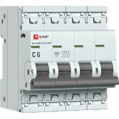 ВА 47-63N 4P 6А (C) 6кА EKF PROxima автоматический выключатель, арт. M636406C - фото1
