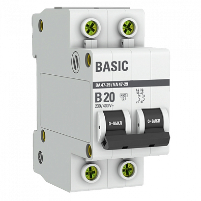 ВА 47-29 2P 20А (B) 4,5кА Basic автоматический выключатель, арт. mcb4729-2-20-B - фото1