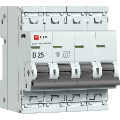 ВА 47-63N 4P 25А (D) 6кА EKF PROxima автоматический выключатель, арт. M636425D - фото1