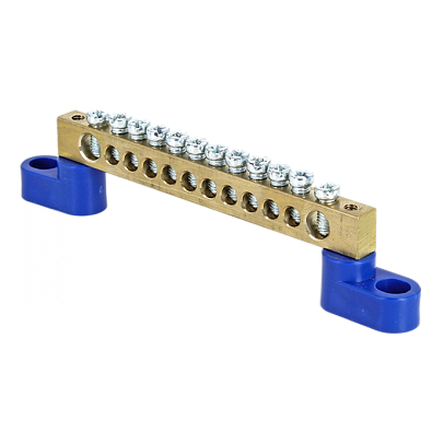 Шина "0" N (6х9мм) 12 отверстий латунь 2 синих угловых изолятора EKF PROxima - фото1