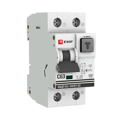Дифференциальный автомат АВДТ-63 63А/30мА (характеристика C, эл-мех, тип АС) 6кА EKF PROxima - фото1