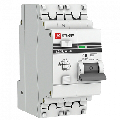 Дифференциальный автомат АД-32 1P+N 6А/30мА (хар. C, AC, электронный, защита 270В) 4,5кА EKF PROxima - фото1