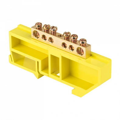 Шина "0" N (6х9мм) 6 отверстий латунь желтый изолятор на DIN-рейку розничный стикер EKF PROxima - фото1