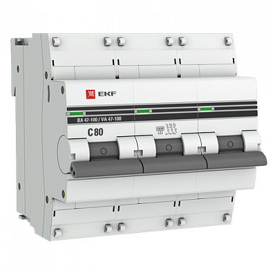 ВА 47-100 3P 80А (C) 10kA EKF PROxima автоматический выключатель, арт. mcb47100-3-80C-pro - фото1