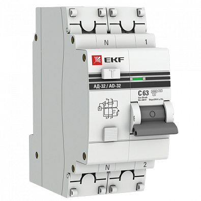 Дифференциальный автомат АД-32 1P+N 63А/30мА (хар. C, AC, электронный, защита 270В) 4,5кА EKF PROxima - фото1