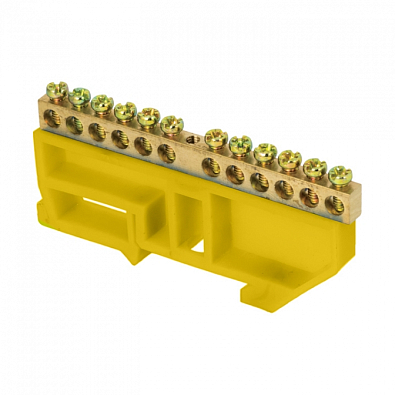 Шина "0" N (6х9мм) 12 отверстий латунь желтый изолятор на DIN-рейку розничный стикер EKF PROxima - фото1