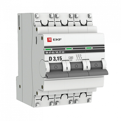 ВА 47-63 3P 3,15А (D) 4,5kA EKF PROxima автоматический выключатель, арт. mcb4763-3-3.15D-pro - фото1