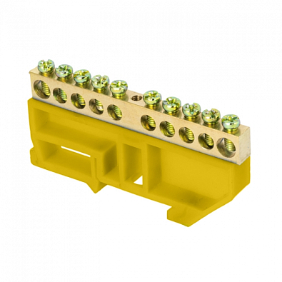 Шина "0" N (6х9мм) 10 отверстий латунь желтый изолятор на DIN-рейку розничный стикер EKF PROxima - фото1