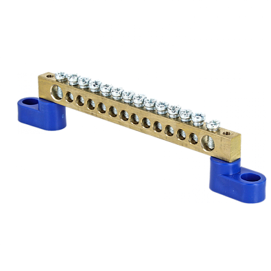 Шина "0" N (6х9мм) 14 отверстий латунь 2 синих угловых изолятора EKF PROxima - фото1