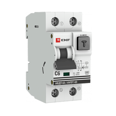 Дифференциальный автомат АВДТ-63 6А/30мА (характеристика C, эл-мех, тип АС) 6кА EKF PROxima - фото1