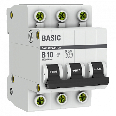 ВА 47-29 3P 10А (B) 4,5кА Basic автоматический выключатель, арт. mcb4729-3-10-B - фото1
