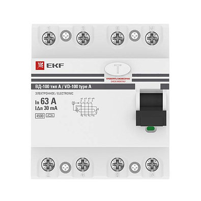 Устройство защитного отключения (УЗО) ВД-100 4P 63А/ 30мА (электр, тип А) EKF PROxima - фото4