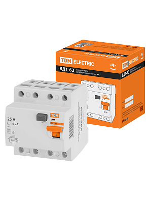 ВД1-63 4Р 25А 10мА TDM ELECTRIC устройство защитного отключения (УЗО) - фото1