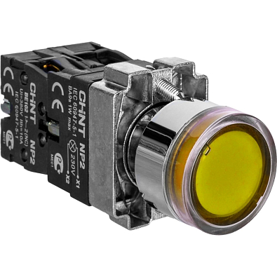 Кнопка управления NP2-BW3561 плоская, желтая, 1НО, AC/DC230В(LED), IP40 (R) - фото1