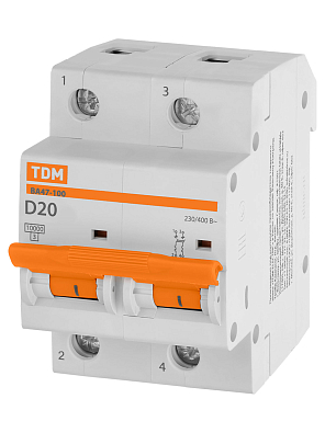ВА47-100 2Р 20А 10кА х-ка D TDM ELECTRIC модульный автоматический выключатель - фото2