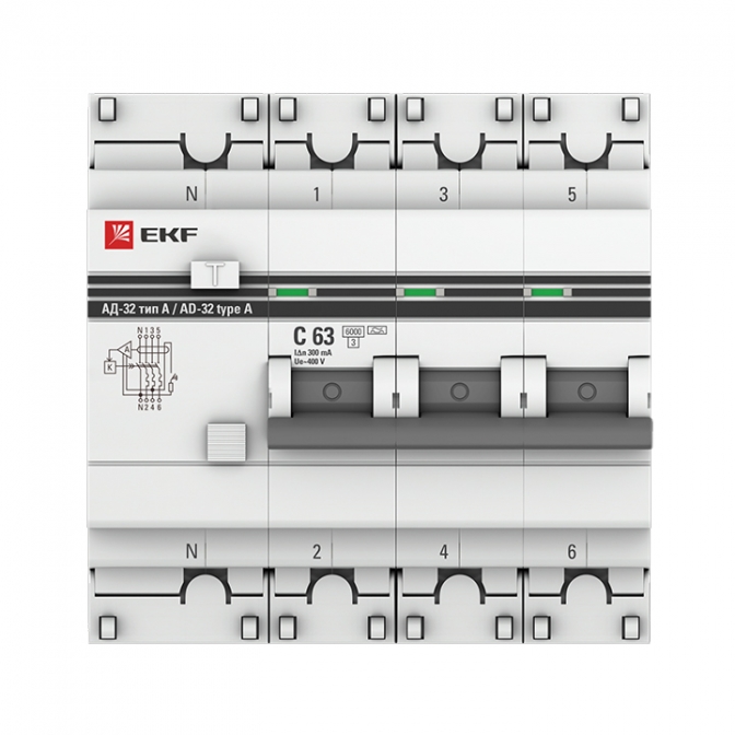 Дифференциальный автомат АД-32 3P+N 63А/300мА (хар. C, A, электронный, защита 270В) 6кА EKF PROxima - фото2